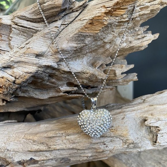 New Silver Heart Chain and Pendant Necklace W/Pave -Reversable - Picture 3 of 6